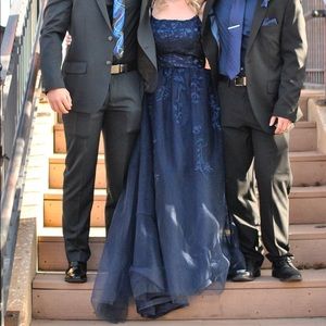 navy blue, corset back prom dress